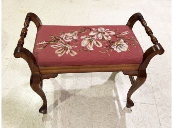 B-41) PRETTY ANTIQUE FOOTSTOOL WITH NEEDLEPOINT TOP - 28'WIDE  BY 14' BY 21' HIGH