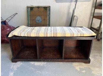 WOOD STORAGE BENCH WITH THREE CUBBIES & CUSHION