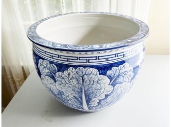 (L-41) BLUE & WHITE HAND PAINTED CERAMIC PLANTER - 14' WIDE BY 11' TALL