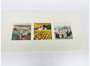 (L-34) TWO MATTED ORIGINAL WATERCOLOR PAINTINGS OF TUSCANY - EACH HAS THREE IMAGES - 15' BY 8'