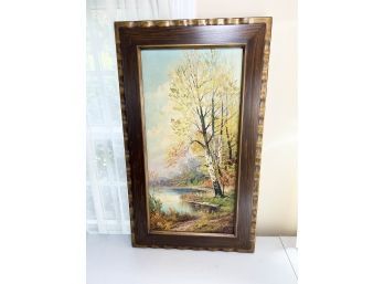 (L-29) VINTAGE SIGNED OIL PAINTING -BIRCH TREES LAKESIDE - FRAMED 30' BY 18'