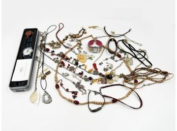 (J-10) LOT OF APPROX. 30 PIECES OF COSTUME JEWELRY-EARRINGS, PINS, NECKLACES, BRACELETS & WATCHES AS SHOWN