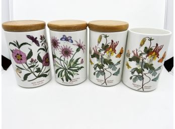 (B-7) PORTMERION THREE PIECE CANISTER SET PLUS ONE EXTRA WITHOUT LID - 'BOTANIC GARDEN' 8' TALL
