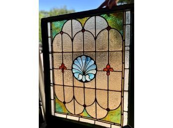 (G-2) VINTAGE STAINED GLASS WINDOW WITH FLEUR DE LIS & BLUE SHELL DESIGN - 25' BY 38'