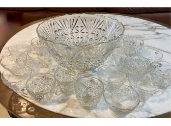 (B-29) VINTAGE PRESSED GLASS PUNCH BOWL WITH 20 CUPS OF TWO DESIGNS - 14' ACROSS