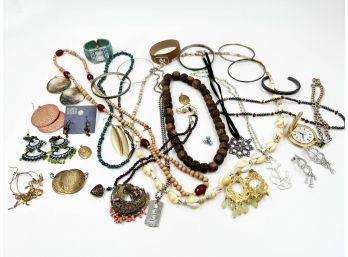 (J-5) LOT OF APPROX. 30 PIECES OF COSTUME JEWELRY-WATCHES, PINS, NECKLACES AND BRACELETS AS SHOWN