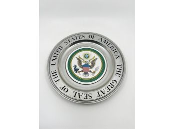 (L-35) VINTAGE PEWTER & CERAMIC PLATE - GREAT SEAL OF THE U.S.A. -EAGLE - 11' ACROSS