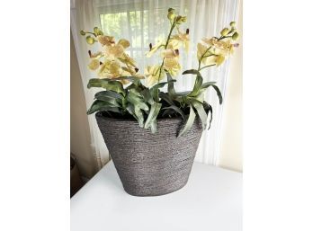 (L-42)  DECORATIVE CERAMIC VASE WITH YELLOW ORCHIDS - 9' WIDE BY 17' TALL