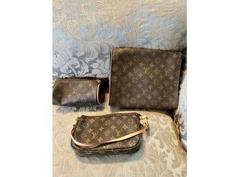 (B-7) LOT OF THREE FAUX Louis Vuitton BAGS - SHOULDER BAG & TWO POUCHES