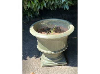 PAIR OF COMPOSITE GARDEN PLANTERS WITH GREEN TINT - FOOTED WITH SCALLOP  DESIGN - 20' HIGH