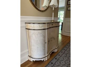 PRETTY PAINTED WOOD BOMBE CABINET WITH STORAGE & DRAWER - ENTRANCE TABLE - MUTED GREENS & TAN