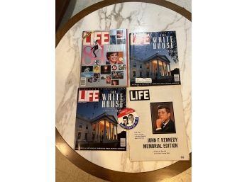 (B-30) FOUR VINTAGE 'LIFE' MAGAZINES & A KENNEDY-JOHNSON POLITICAL BUTTON