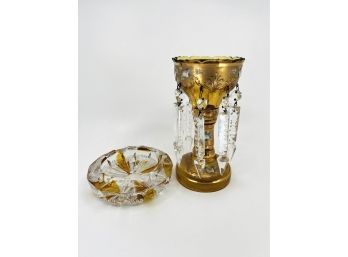 (L-17) SINGLE VINTAGE BOHEMIAN GLASS GOLD LUSTRE WITH HANGING PRISMS & YELLOW BOHO GLASS ASHTRAY- 8' & 5'