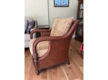 PAIR ETHAN ALLEN RATTAN 'HEMMINGWAY' CHAIRS WITH PAISLEY CUSHIONS - EXCELLENT CONDITION