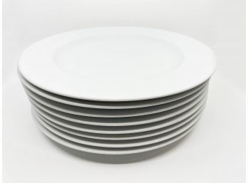 (B-19) LOT OF EIGHT PLAIN WHITE CERAMIC CHARGER PLATES - 12.5'