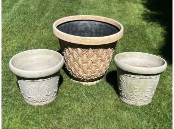 LOT OF THREE COMPOSITE PLANTERS - MATCHING PAIR & LARGE TAN - 15' - 21'