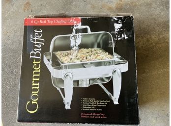 (G-6) LOT OF THREE 'GOURMET BUFFET' 6 QUART ROLL TOP CHAFING DISHES IN BOXES - STAINLESS STEEL