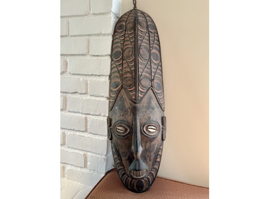 (B-8) VINTAGE WOODEN TRIBAL/ MASK SHIELD W/sHELL EYES FROM PAPUA, New Guinea COLLECTED IN THE 1970'S- 28' X10'