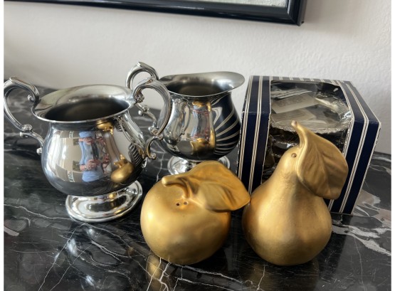MIXED LOT -VINTAGE  GOLD CERAMIC PEAR & APPLE S&P, PEWTER SUGER & CREAMER & BOX OF SILVER PLATE COASTERS