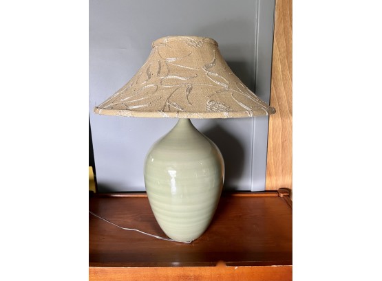 (G-3) - VINTAGE CELADON GREEN CERAMIC LAMP WITH SHADE - 25' HIGH