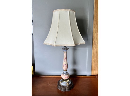(G-2) - ANTIQUE PINK & BLUE PORCELAIN TABLE  LAMP WITH BRASS BASE & SHADE - 30' HIGH