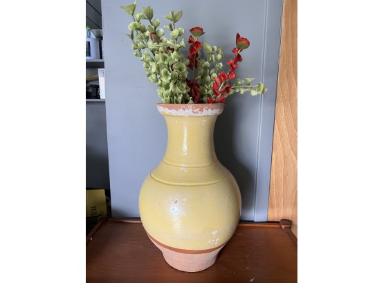(G-1) TALL RUSTIC CERAMIC PLANTER / VASE WITH DISTRESSED & CHIPPY YELLOW GLAZE - 24' TALL, FLOWERS INCLUDED