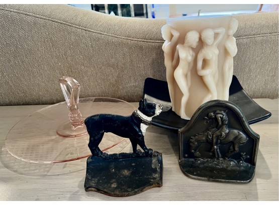 (B-29) MIXED LOT- PAIR 'TRAIL OF TEARS' BOOKENDS (WE HAVE THE 2ND)-3 GRACES CANDLE, DOG BOOKEND, COOKIE PLATE