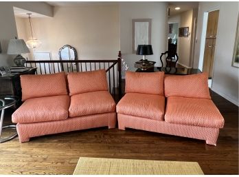 TWO VINTAGE 1970'S ORANGE SOFAS / SECTIONAL - NO ARMS - 53' LONG EACH , 106' TOGETHER BY 39', SEAT 29'