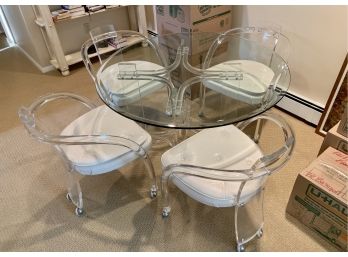 BEAUTIFUL VINTAGE MCM GLASS & LUCITE  DINING TABLE & FOUR ROLLING CHAIRS - 44' ACROSS, 28' HIGH