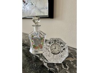 (D-15) WATERFORD DIAMOND CRYSTAL DESK CLOCK & VINTAGE PAINTED GLASS PERFUME BOTTLE - 3'-5'