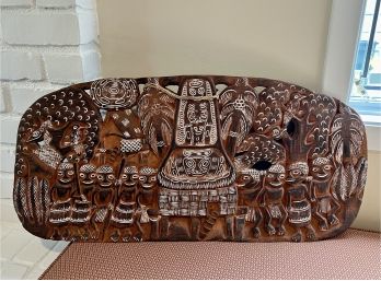 (B-7) VINTAGE WOODEN TRIBAL SHIELD W/ 9 FIGURES & BIRDS FROM PAPUA, New Guinea -COLLECTED IN THE 1970'S- 32X15