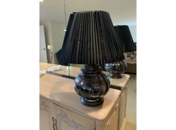 MID CENTURY SILVER GLAZE CERAMIC TABLE LAMP - JARU? - BLACK ACCORDION SHADE - 27' HIGH 13' WIDE