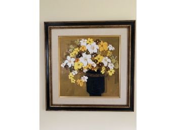 MID CENTURY FLORAL OIL PAINTING - RETRO YELLOW - FRAMED 30' BY 30'