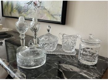 LOT OF VINTAGE CRYSTAL PIECES - S&P, COVERED BOWLS, SUGAR/CREAMER/TRAY - 4-9'