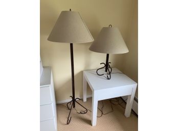 IRON FLOOR LAMP & MATCHING IRON TABLE LAMP BOTH WITH OATMEAL COLOR SHADES - 28' TALL & 57' TALL