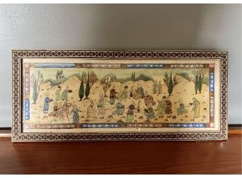 (G-12) ANTIQUE PERSIAN VILLAGE SCENE PAINTED ON BONE - CHIPS TO EDGES, SEE PICS - 19' BY 8'