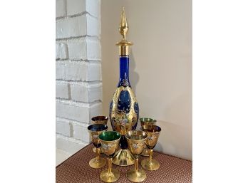 (B-27)BEAUTIFUL ANTIQUE BOHEMIAN GLASS DECANTER SET WITH SIX GLASSES - MULTI COLOR, GOLD DECORATION - 17' TALL