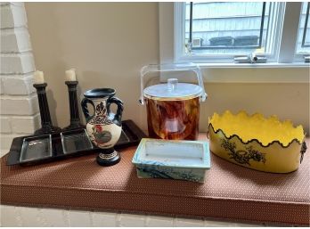 (B-15) ASSORTED LOT OF HOUSEWARES - CANDLESTICKS, ICE BUCKET, PLANTERS, VASE & SNACK TRAY