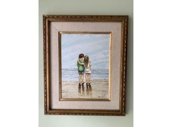 VINTAGE FRAMED OIL PAINTING - TWO CHILDREN LOOKING AT THE SEA - SIGNED NAPOLEON - 20' BY 24' FRAMED
