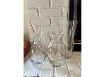 (B-18) MARQUIS BY WATERFORD 'VINTAGE CARAFE' & THREE GLASS VASES - 10-13'