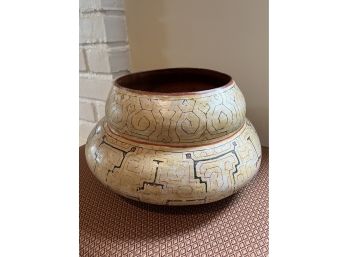 (B-1) VINTAGE 1970'S HAND DECORATED TERRACOTTA POT  -'FIRST CHOICE IMPORTS, ROSLYN' -8' HIGH BY 14' WIDE