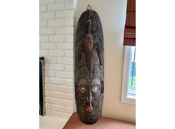 (B-11) VINTAGE WOOD TRIBAL MASK/ SHIELD W/SHELL EYES FROM PAPUA, New Guinea COLLECTED IN THE 1970'S- 47' X14'