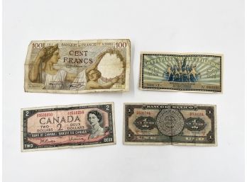 (LOT 81) LOT OF 4 VINTAGE FOREIGN PAPER NOTES-1941 100 CENT FRANC, MEXICAN PESO, 50 LIRE & 1954 $2 CANADA