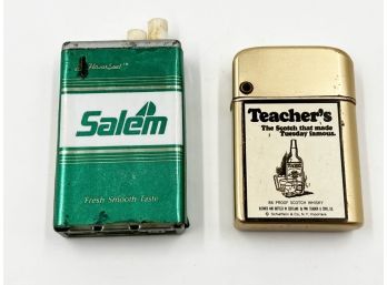 (LOT 40) LOT OF 2 ADVERTISING LIGHTERS-SALEM CIGARETTES AND STORM MASTER 'TEACHERS' ALCOHOL-UNTESTED