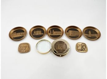 (LOT 63) LOT OF 8 VINTAGE ITEMS- 5 COASTERS FROM 1933 WORLDS FAIR, MAGNIFYING GLASS WEISSMAN & 2 PAPERWEIGHTS