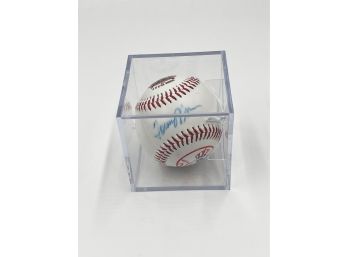(LOT 23) SIGNED 'YANKEE' BALL IN ACRYLIC CASE-NO COA WE THINK ITS TOMMY JOHN'S SIGNATURE NOT CONFIRMED