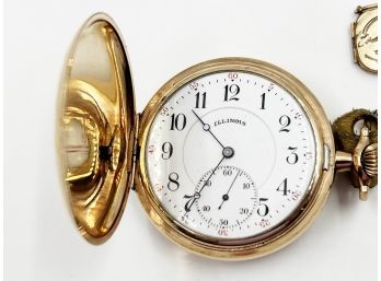 (LOT 91) VINTAGE 1920'S 'ILLINOIS' GOLD PLATED POCKET WATCH W/FOB-#3790974-RUNS-ENGRAVED