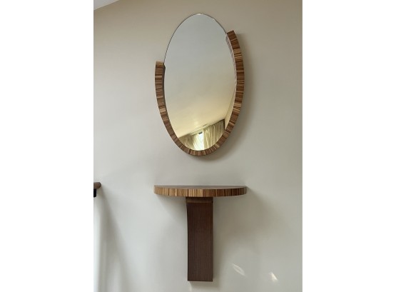 CONTEMPORARY INLAID WOOD OVAL HALL MIRROR & MATCHING SHELF - MIRROR: 36' BY 22', SHELF: 24' BY 22'