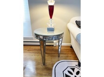 MIRRORED GLASS 'QUADRATO'ACCENT TABLE -WOOD TABLE WITH BEVELED MIRROR TOP &GLASS PRISMS- 24' DIA. BY  27' TALL