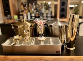 (P-11) ASSORTED BARWARE - TWO FRONTGATE ICE BUCKETS & TWO COCKTAIL SHAKERS & 'GOURMET' GARNISH HOLDER